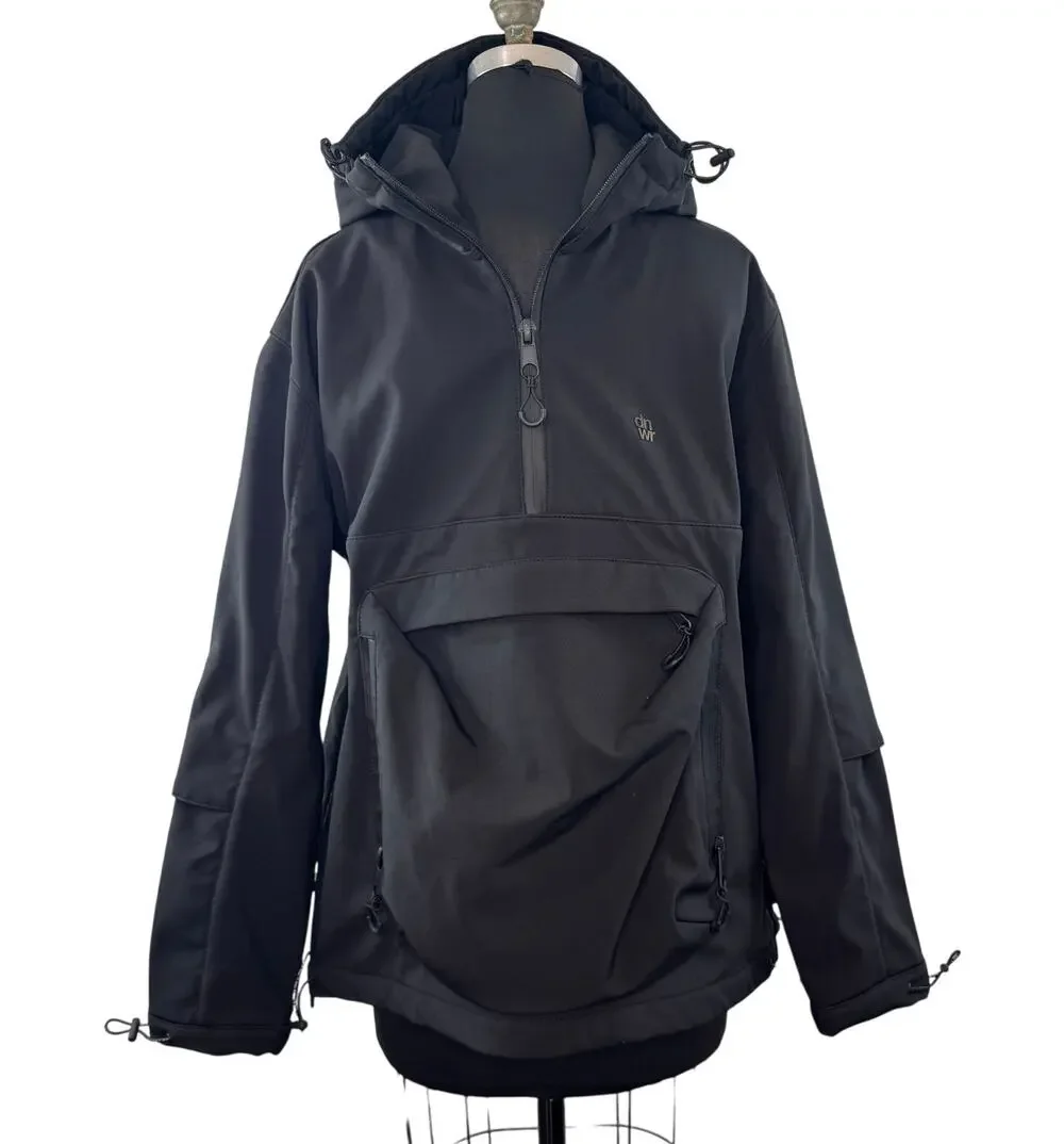 ZARA Men's DNWR Black Windbreaker Hooded Fleece Lined 1/4 Zip Pullover Small S